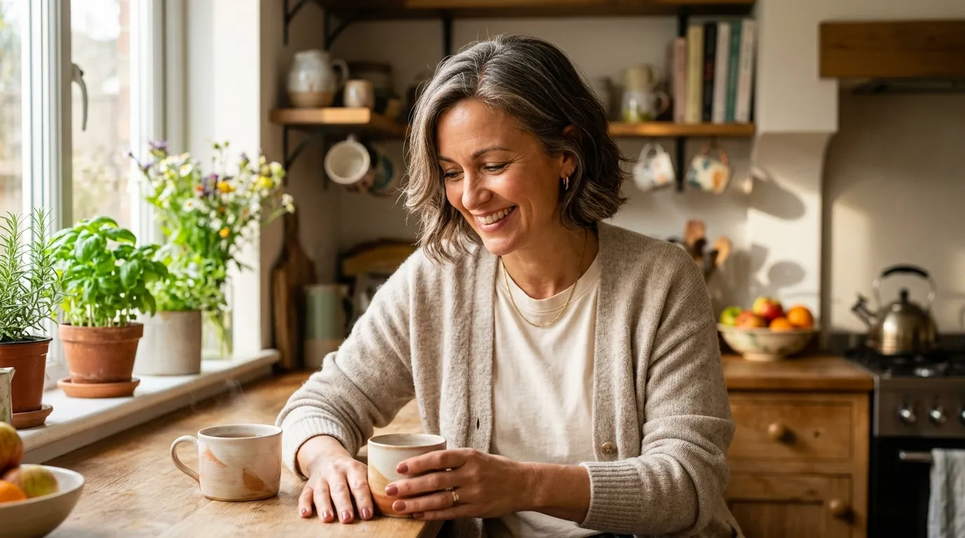 A glowing woman in her 40s smiling in a sunlit kitchen while admiring her freshly painted nails.