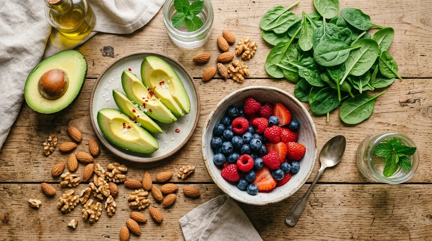 Fresh avocados, berries, nuts, and leafy greens on a wooden table