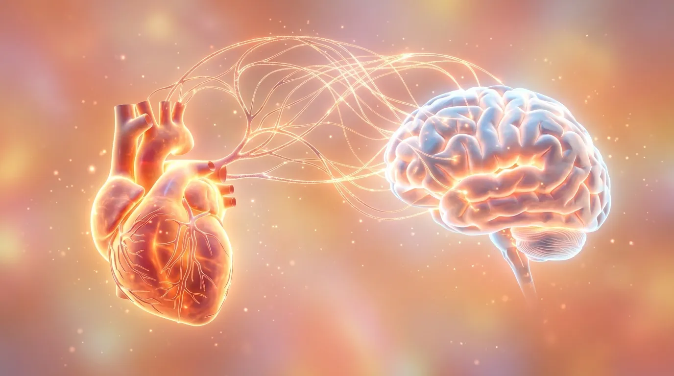 Glowing 3D human heart connected to a brain on a warm background