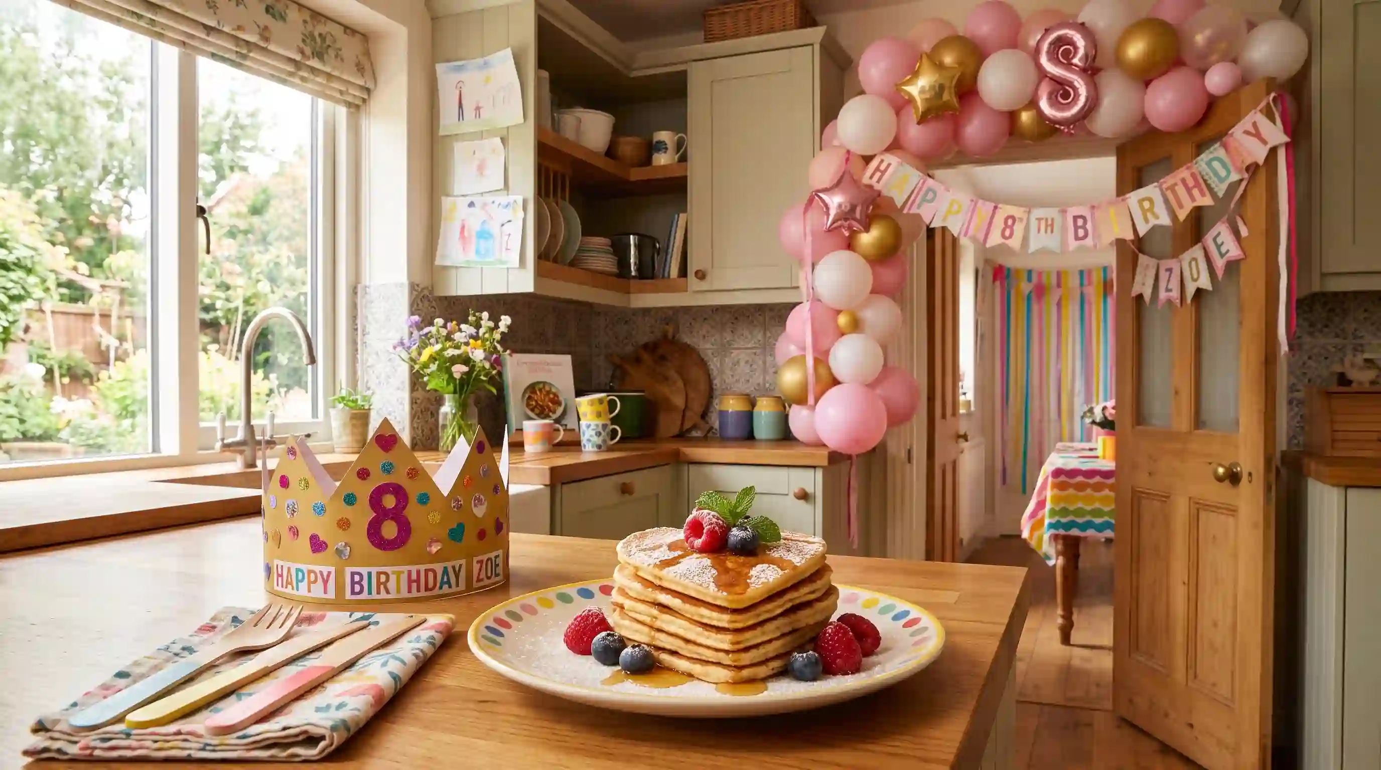 Heart-shaped pancakes and pink balloons in a kitchen decorated for an 8th birthday