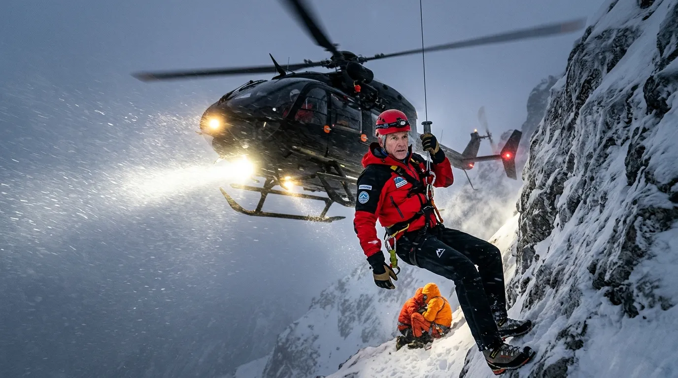 A rescue worker descending from a black helicopter in a snowstorm.