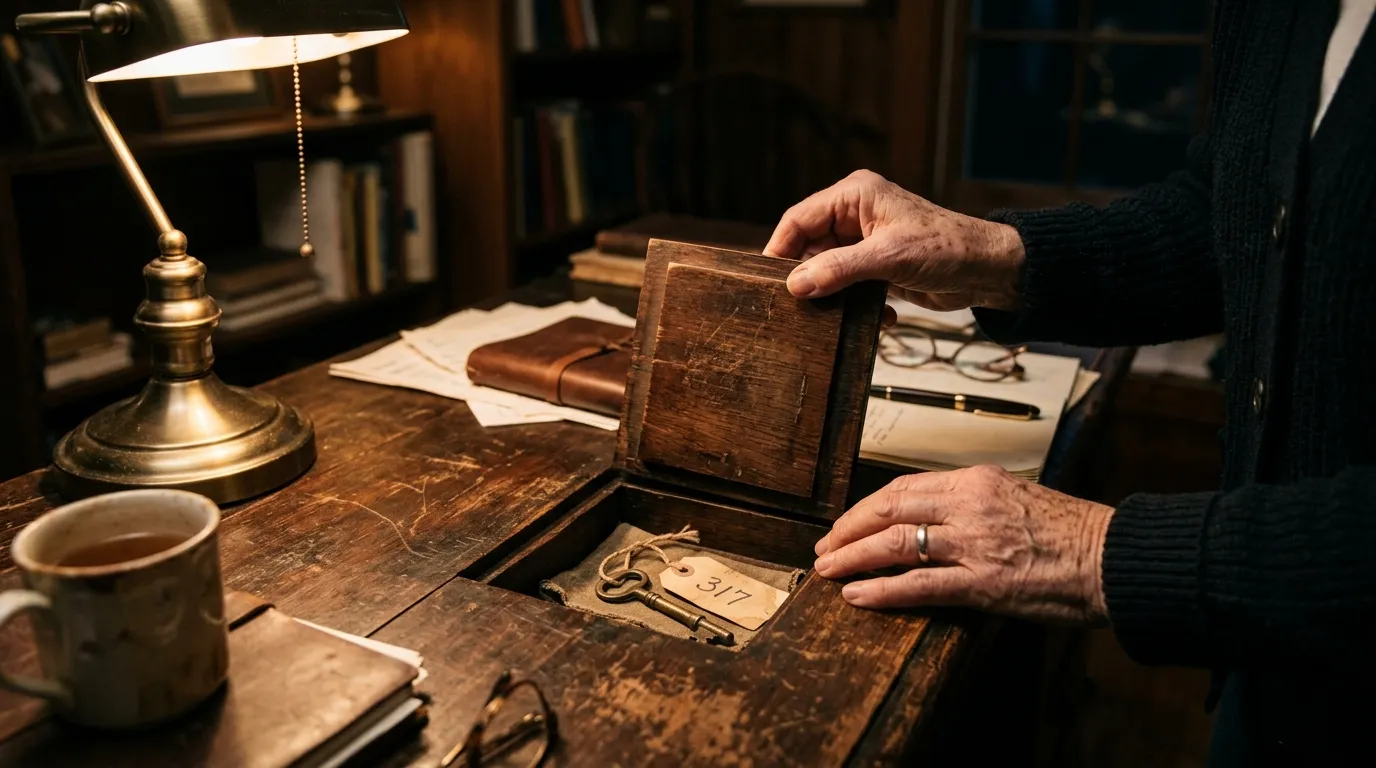 A woman's hands finding a brass key tagged 317 in a dark wooden desk drawer