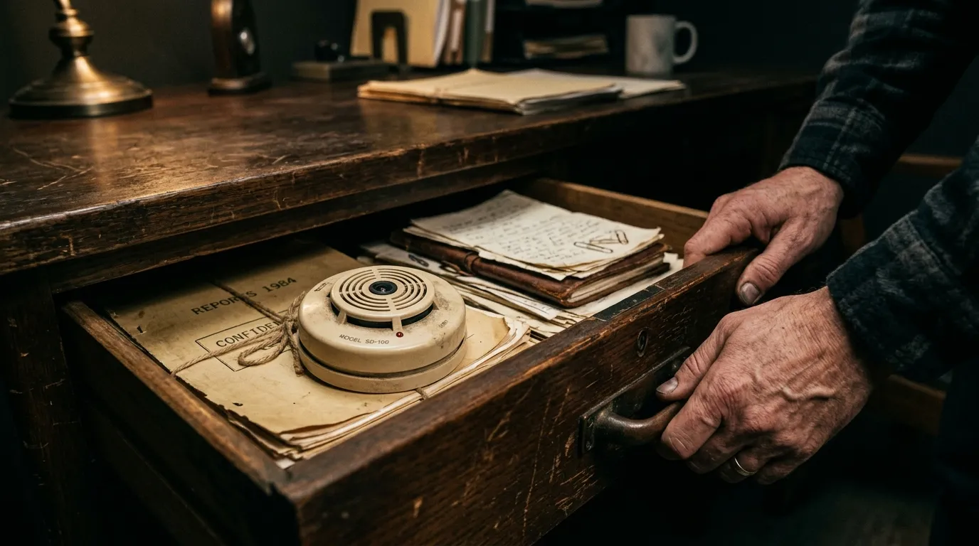 Hands opening a wooden desk drawer to reveal a hidden camera disguised as a smoke detector.