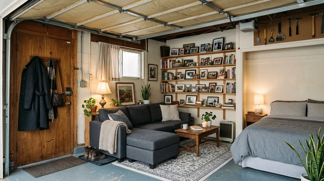 A secret apartment inside a garage with a couch, bed, and framed photos on the shelves.