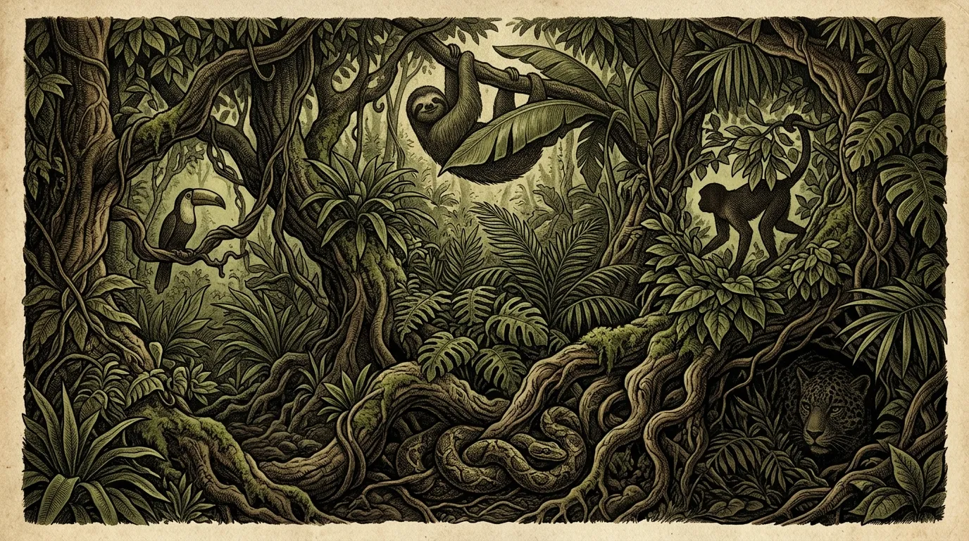 A dense jungle illustration with hidden animals cleverly blended into the roots and leaves