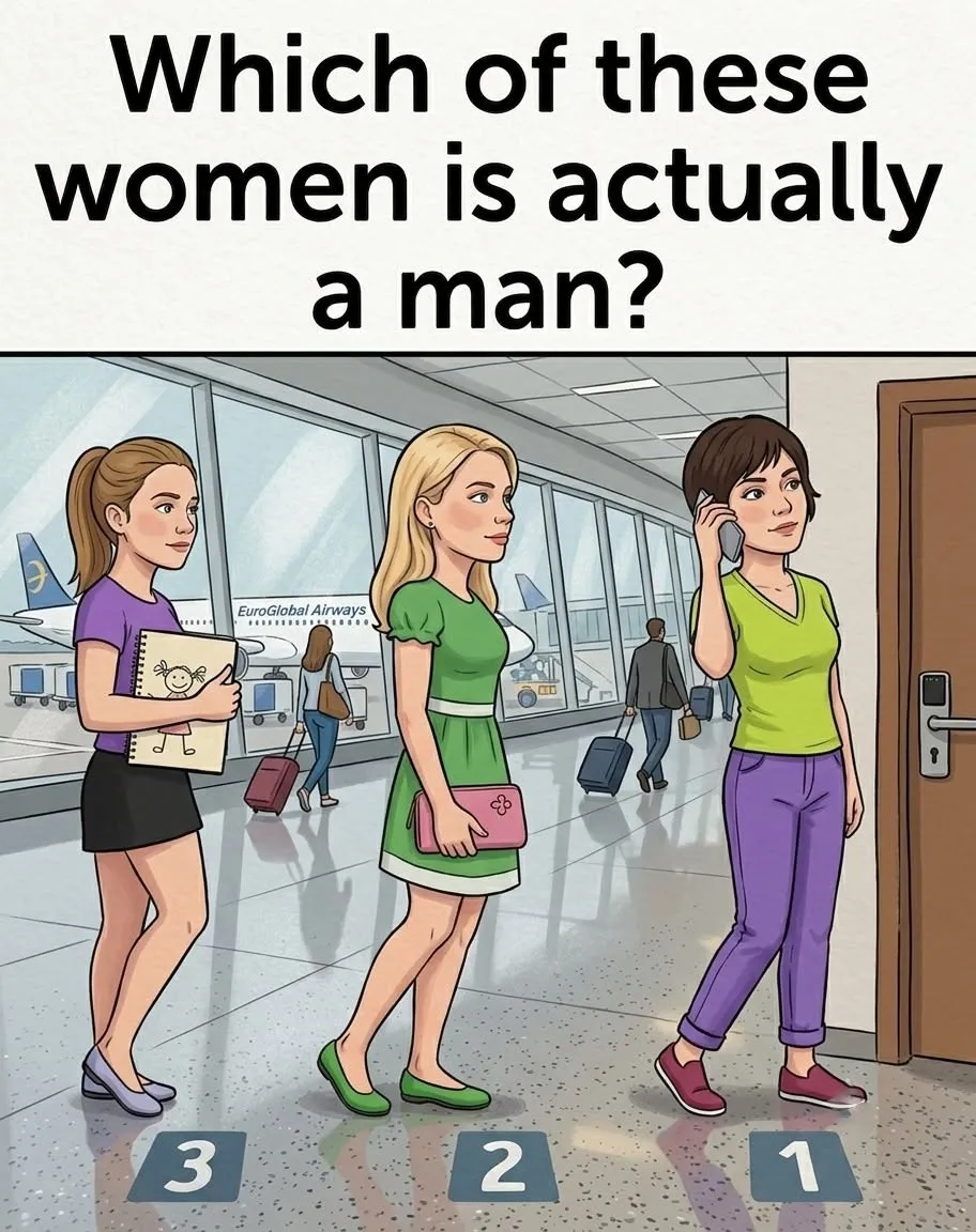 Illustration of three women standing in a hallway with a blue wall, numbered 1, 2, and 3, asking which one is a man.