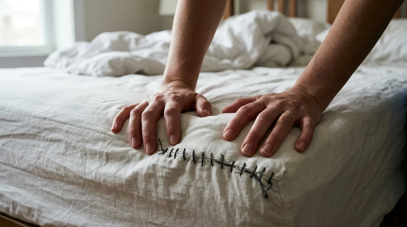 A woman's hands pressing against a mattress, revealing a dark, hand-stitched seam