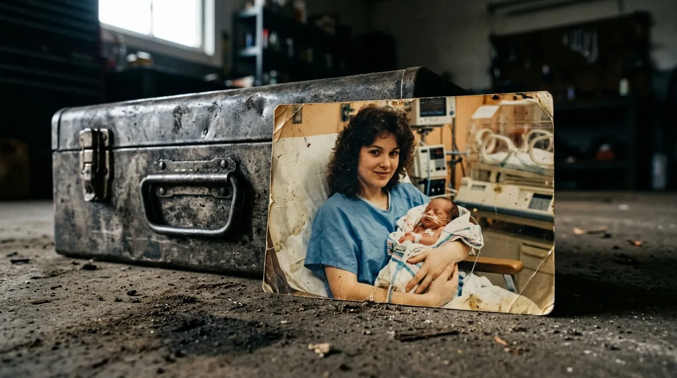 Old photograph on a dusty garage floor showing a woman holding a premature baby