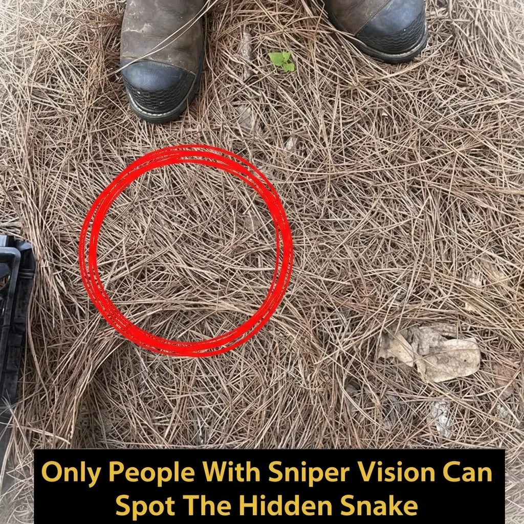 The same forest floor image, but with a red circle clearly identifying and spotting the expertly hidden snake.