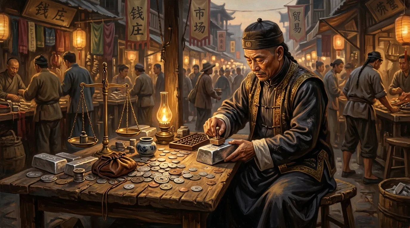 Illustration of a 19th-century merchant stamping a silver ingot at a wooden table.