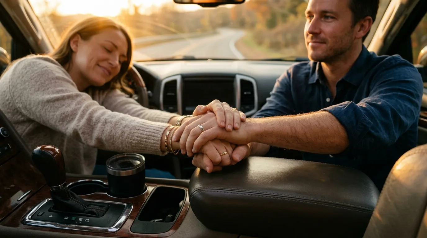 Close-up of a man and woman holding hands tightly over the center console of a car during a sunny drive.