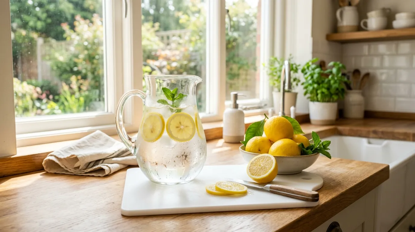 A pristine home kitchen featuring fresh lemons and a pitcher of water