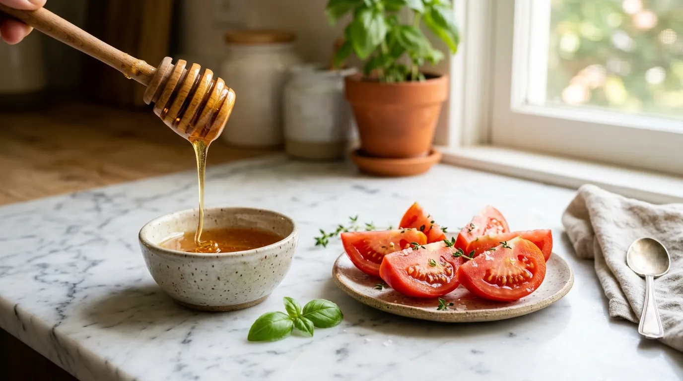 A honey dipper drizzling golden honey beside thick slices of fresh ripe tomatoes