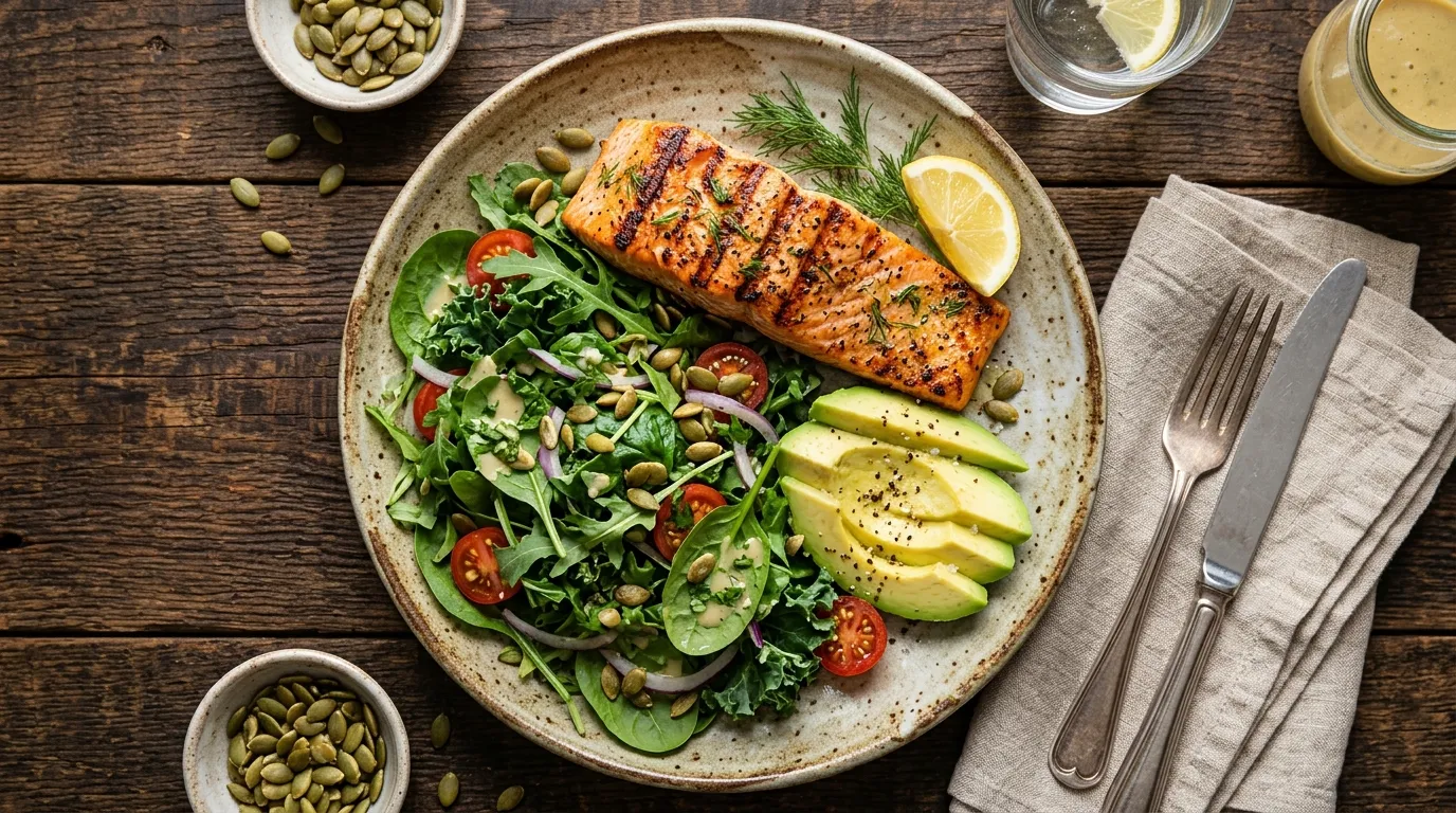 A healthy, hormone-balancing plate of salmon, greens, and avocado