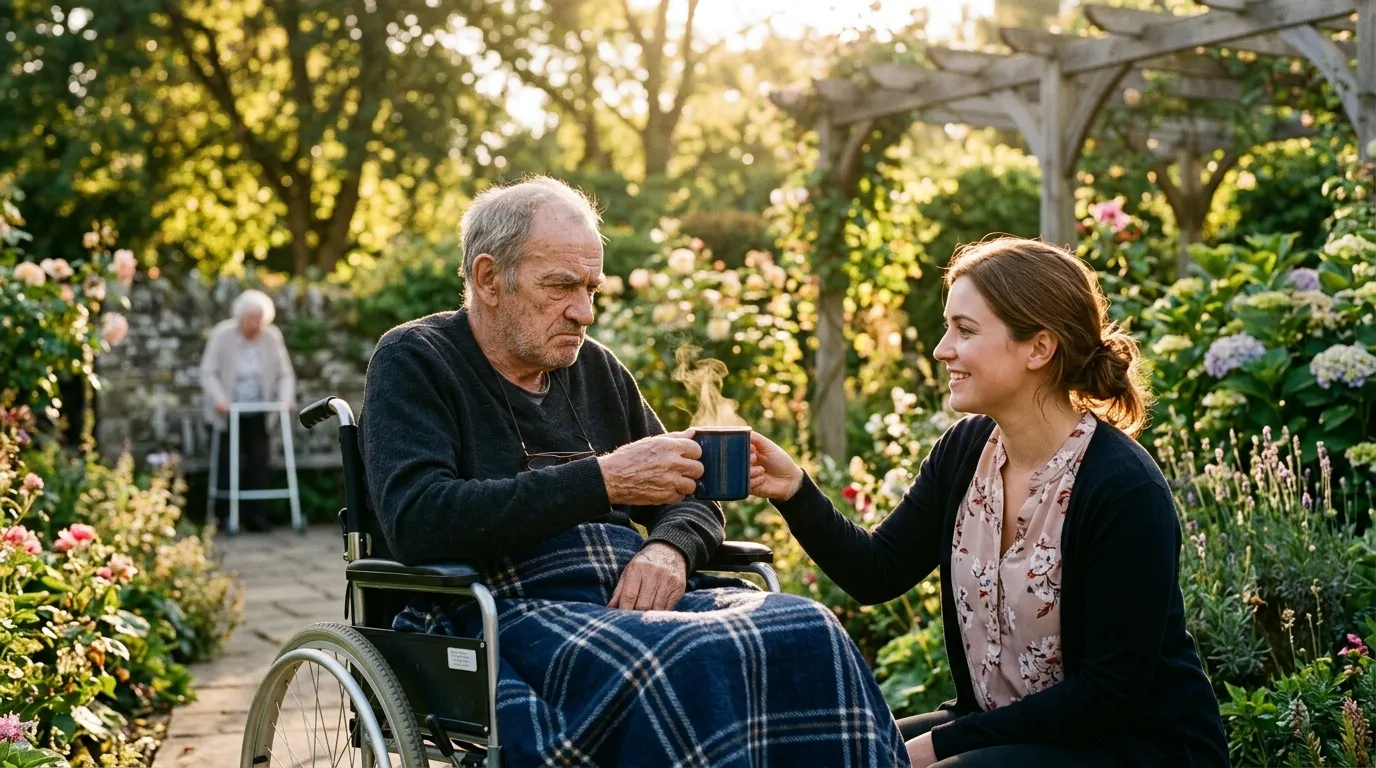 A young woman handing coffee to a grumpy older man in a wheelchair