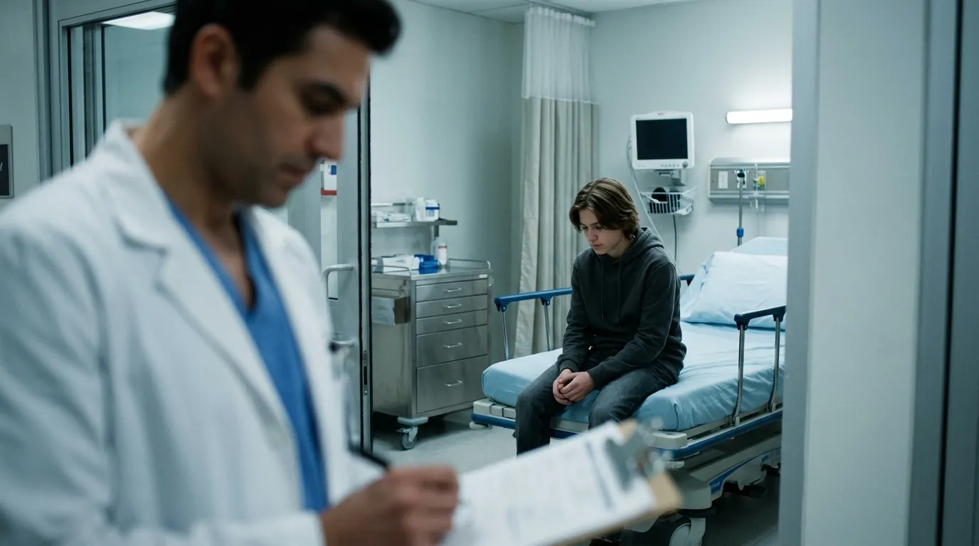 A tense emergency room scene with a doctor reviewing an X-ray while a teenage girl sits nervously on a hospital bed