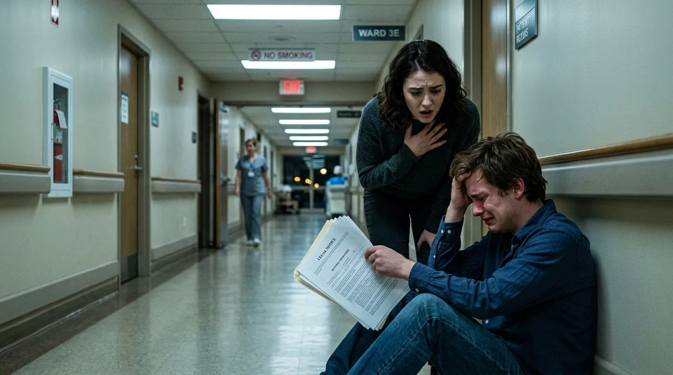 A young man crying in a hospital hallway handing a legal document to a shocked young woman.
