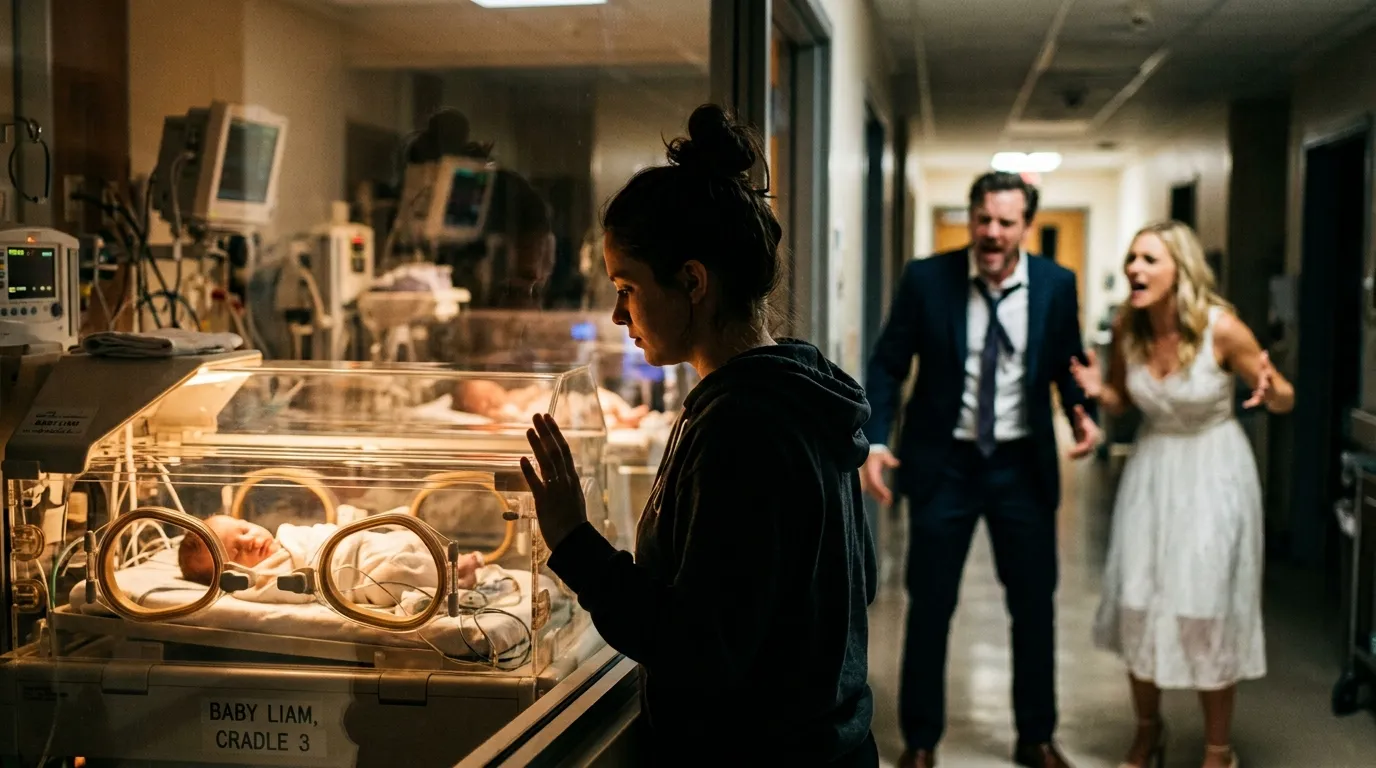 Mother looking at newborn in hospital nursery while panicked ex-husband stands outside