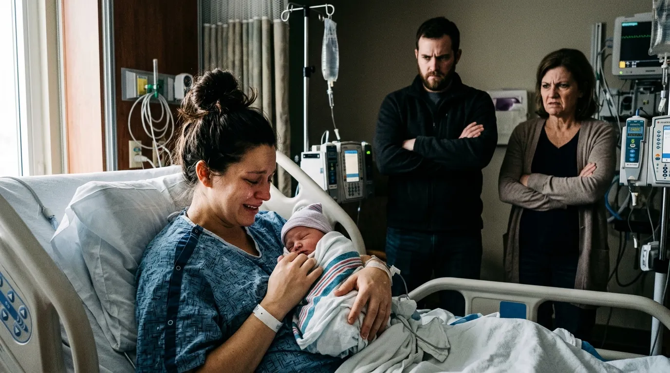 A mother holding a newborn baby in a hospital bed while a man and woman stand looking disgusted and angry.