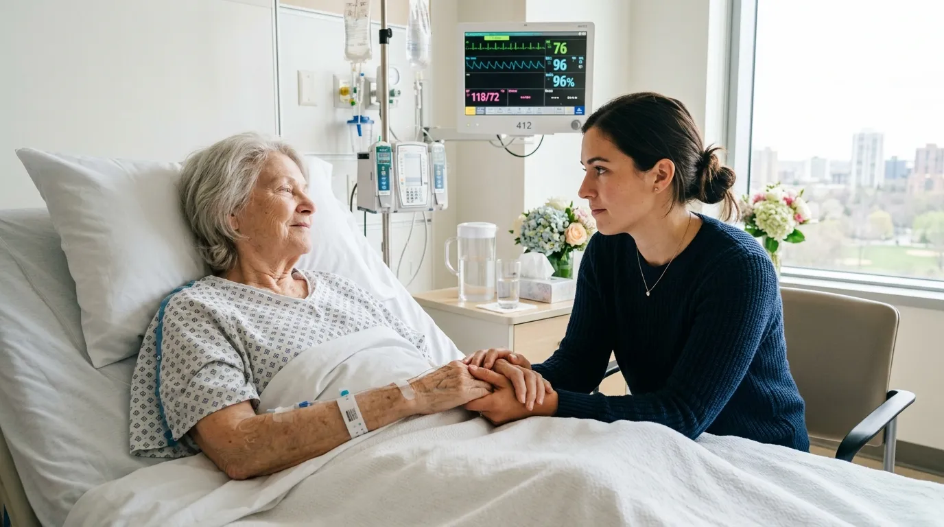 A caring female investigator holding the hand of an elderly woman in a hospital room.