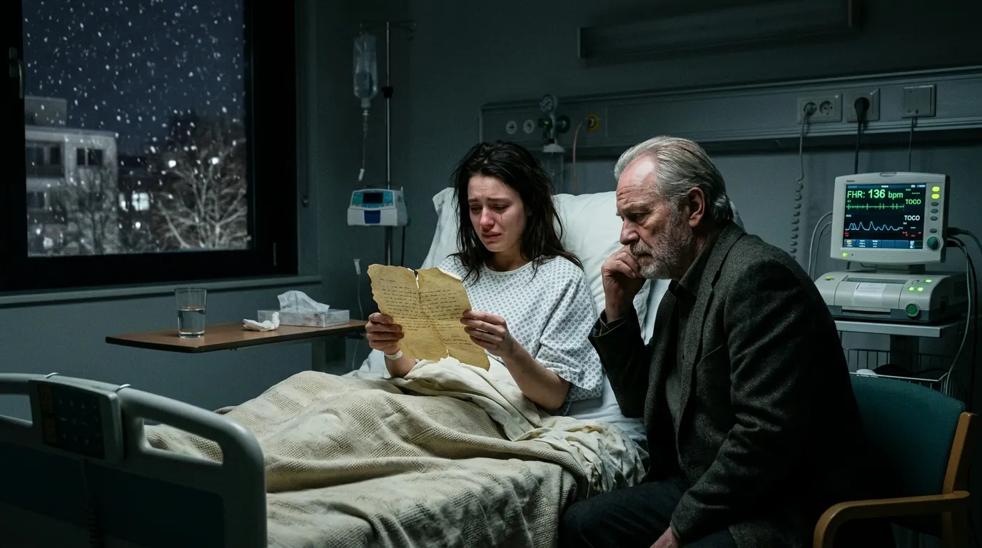 A young woman holding a torn letter in a hospital bed, confronting an older man.