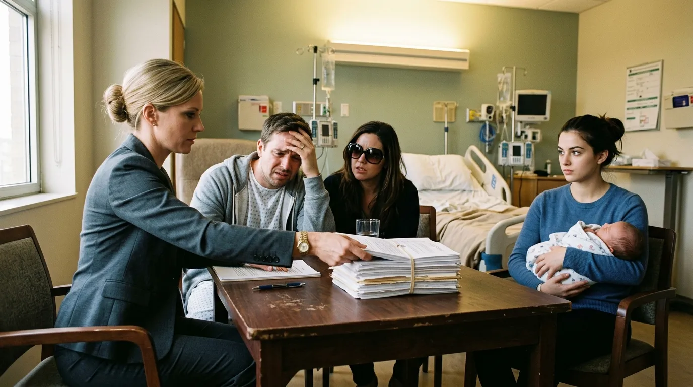 Attorney presenting evidence binder to ex-husband and fiancée in a hospital room