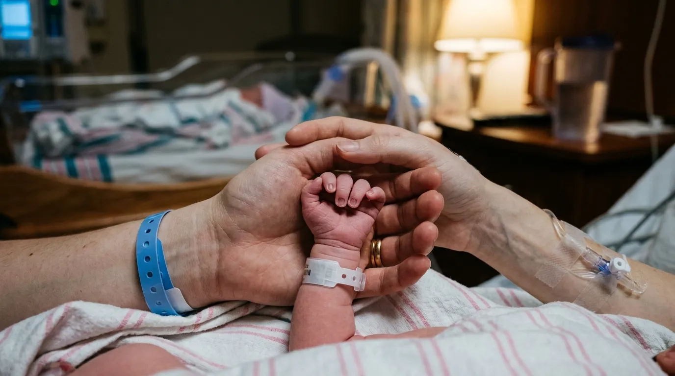 A new mother holding a newborn baby girl's hand in a hospital room