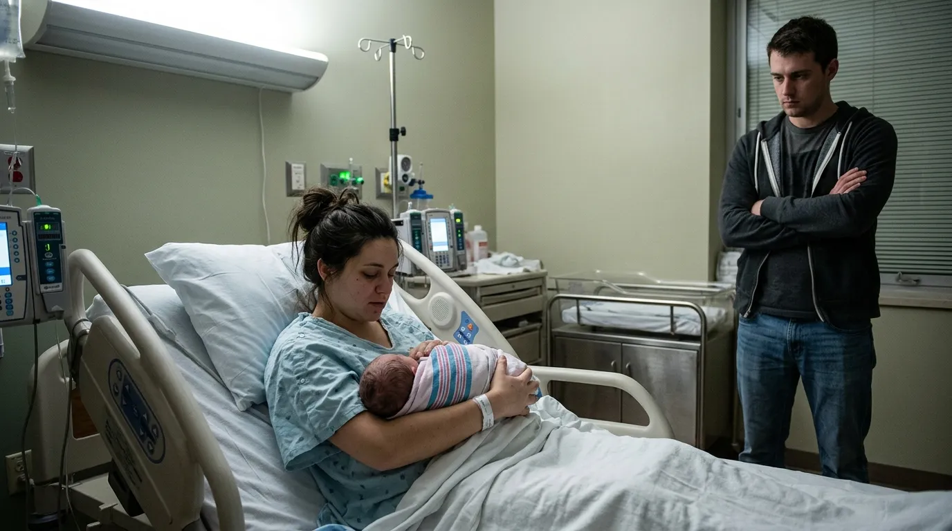 Exhausted mother holding newborn while husband stands distantly with crossed arms