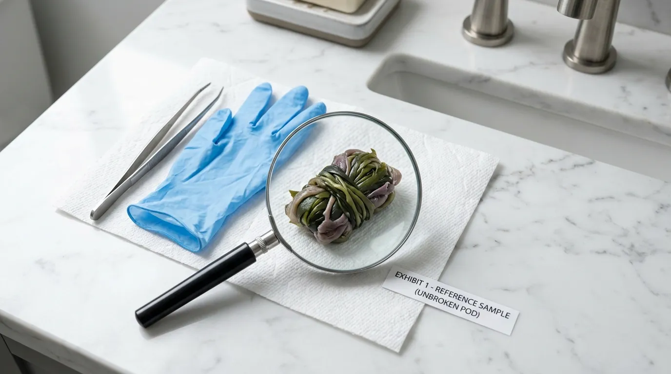 A top-down flat-lay of investigation tools: tweezers magnifying glass glove and a new undissolved complex bath pod on a paper towel
