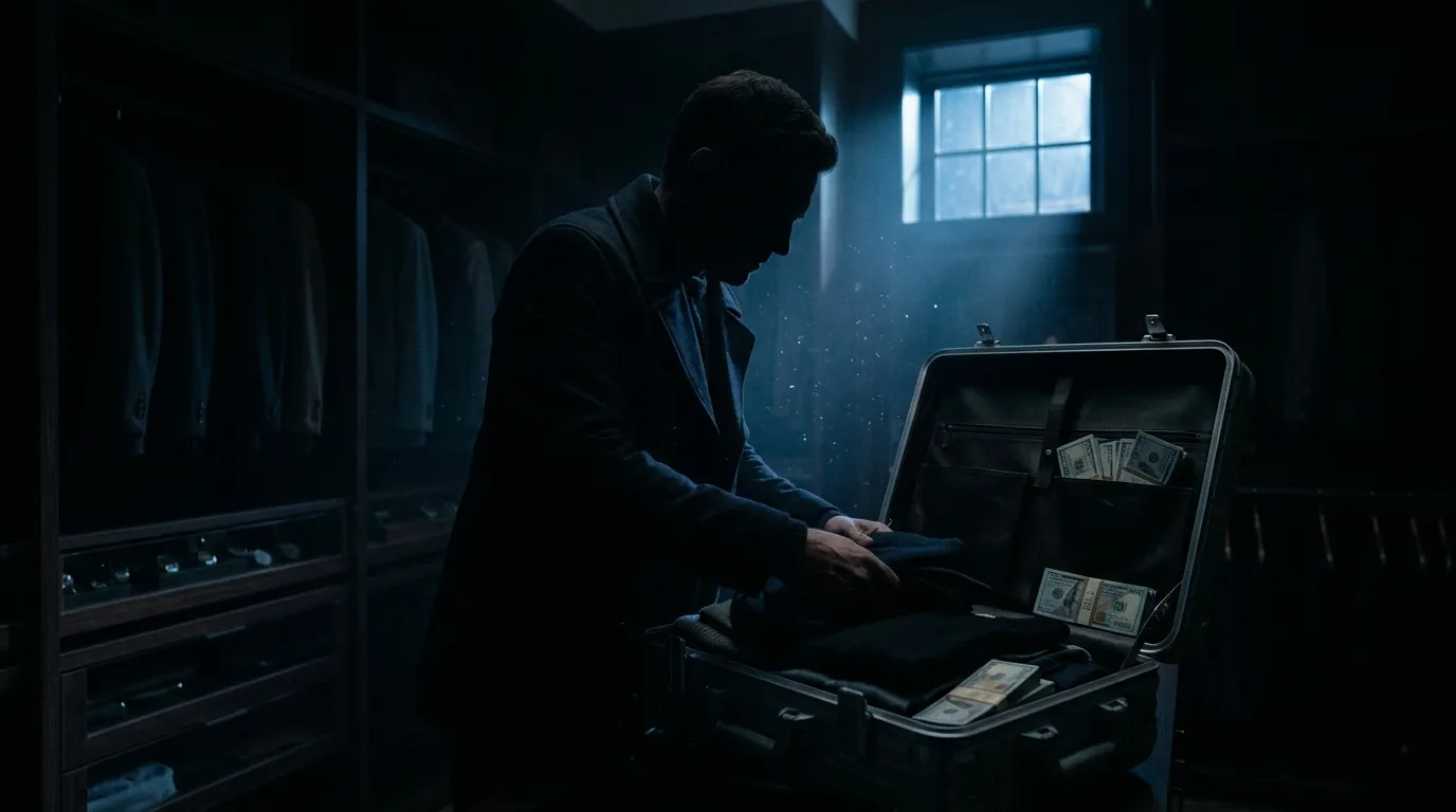 A shadowy figure of a man carefully packing a suitcase in a dimly lit walk-in closet.