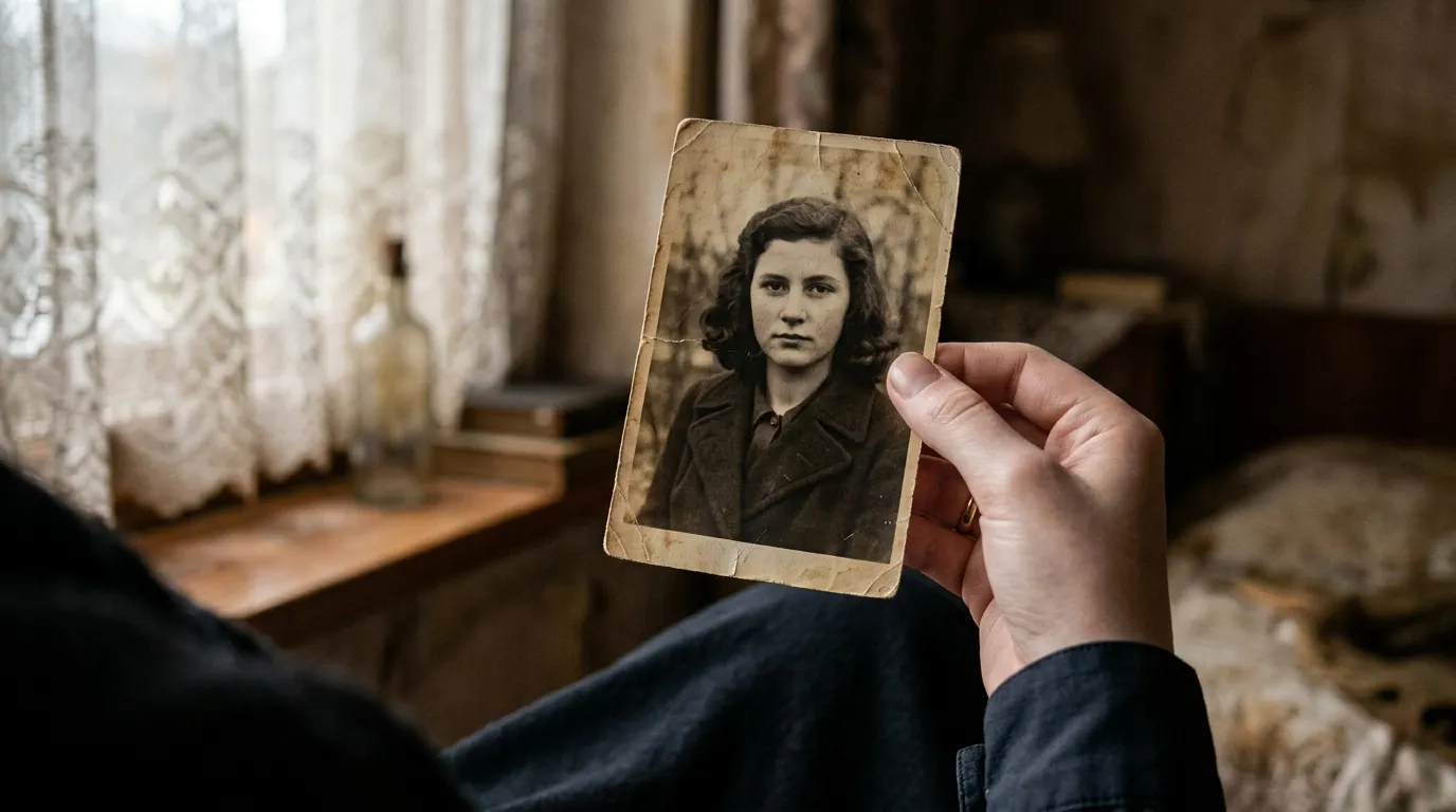 A woman holding a faded photograph of a solemn teenage girl beside a hospice bed