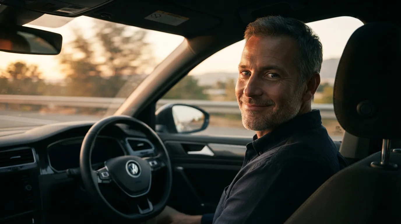 Husband smiling calmly from the driver's seat with a blurred background