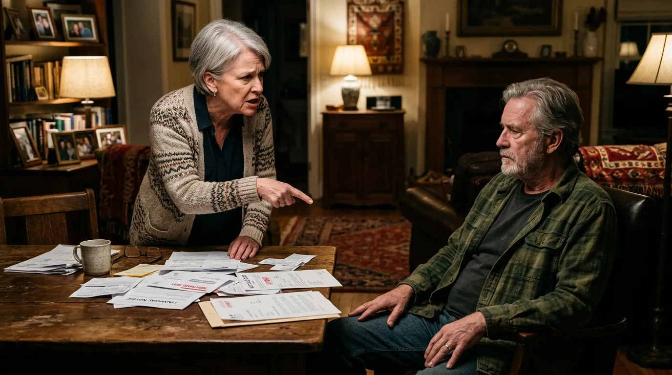 An older couple having a tense and quiet confrontation in their living room