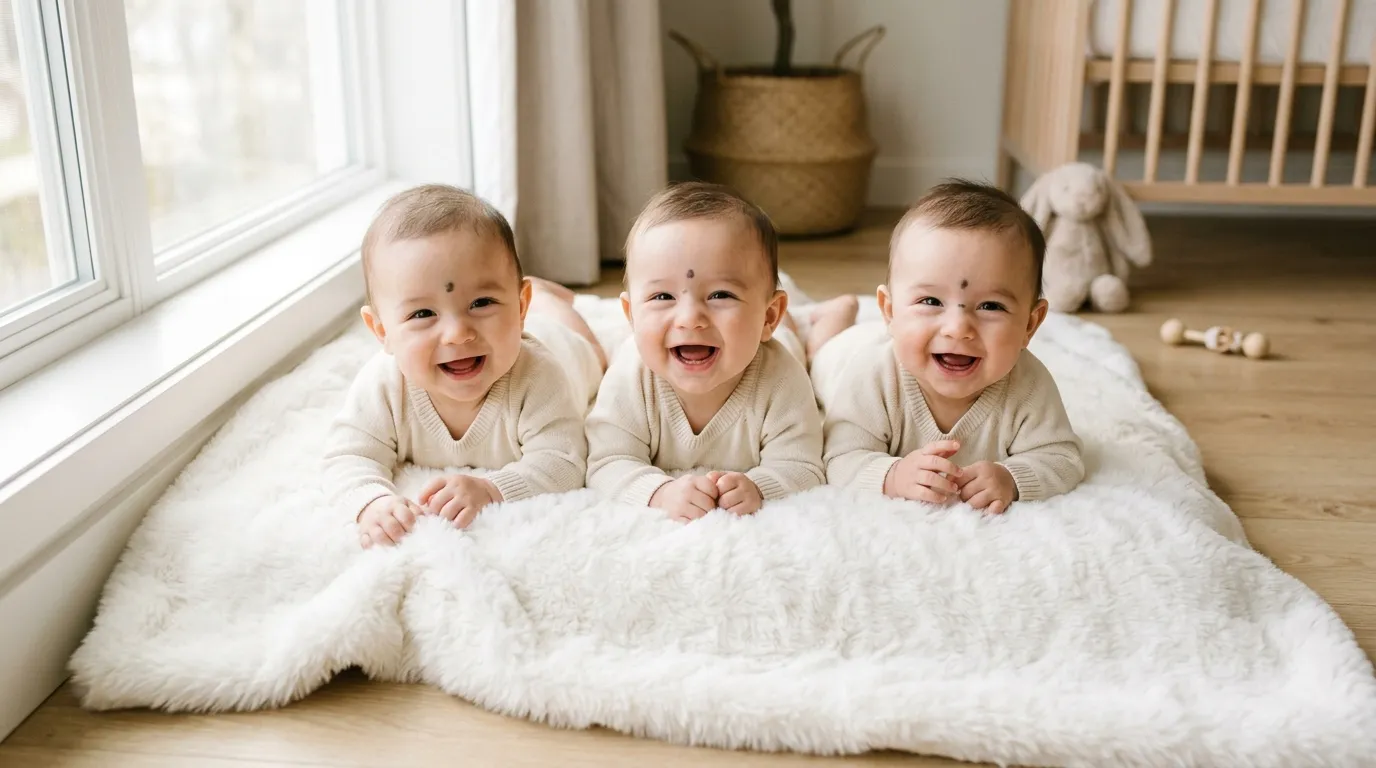 Three identical baby boys lying next to each other on a blanket