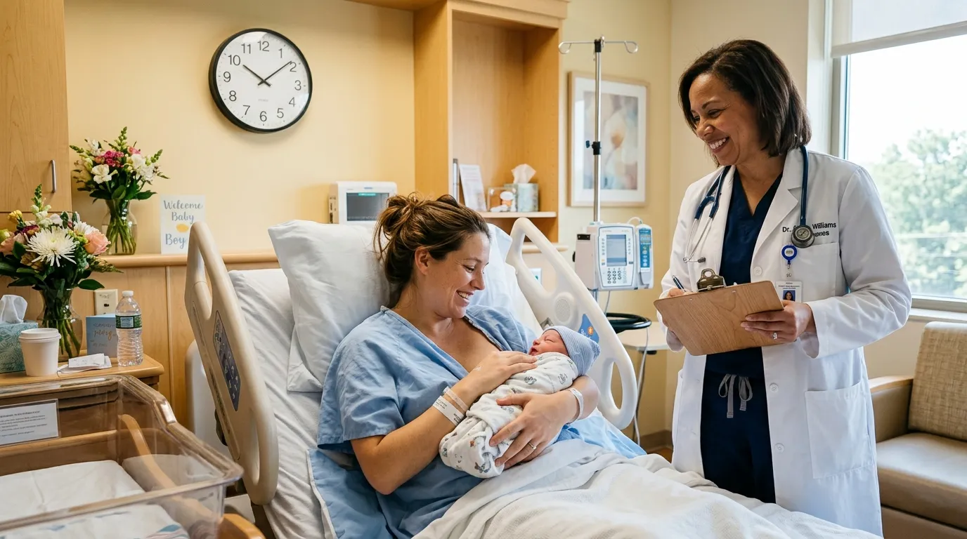 A mother holding her newborn baby in a hospital bed while a doctor smiles nearby