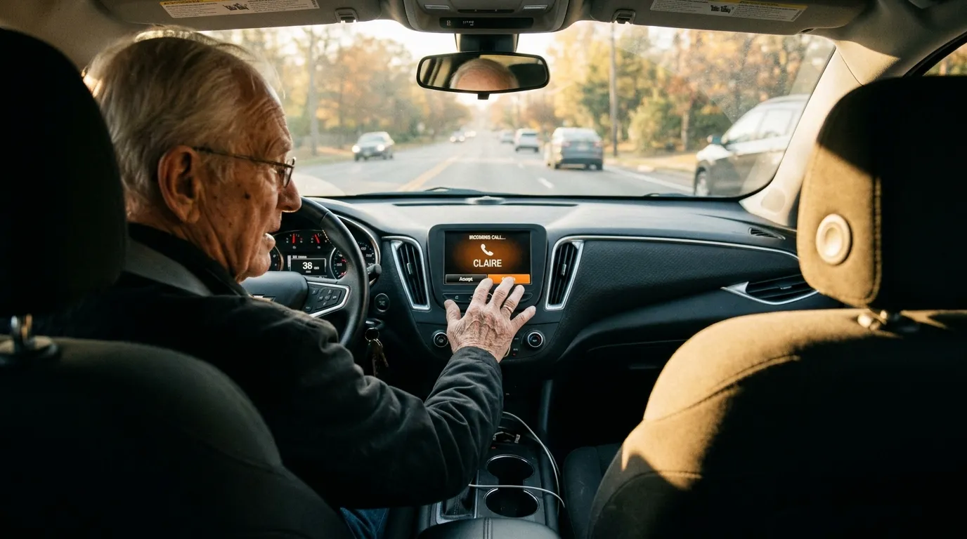 An incoming call from Claire on a car dashboard display with morning sunlight shining through