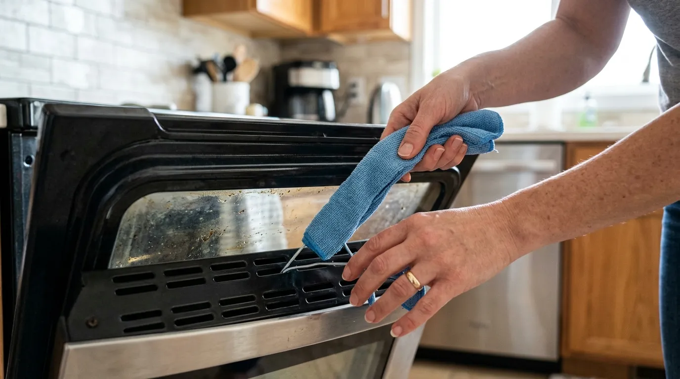 Close-up of a cloth-wrapped wire hanger being slid up through the bottom vent of an oven door