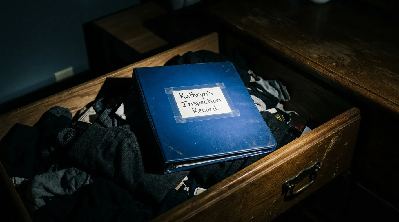 A three-ring binder titled Kathryn's Inspection Record sitting in an open dresser drawer.