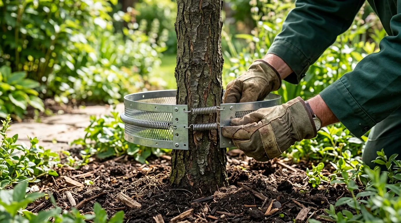 Hands adjusting a metal tree collar with flexible springs on a growing tree