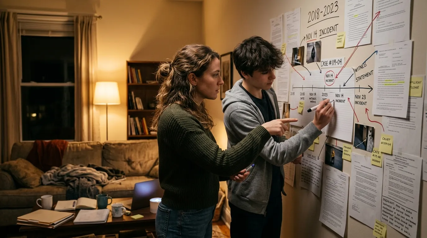 A living room wall completely covered in legal papers, printed timelines, and court records, connected by markers.