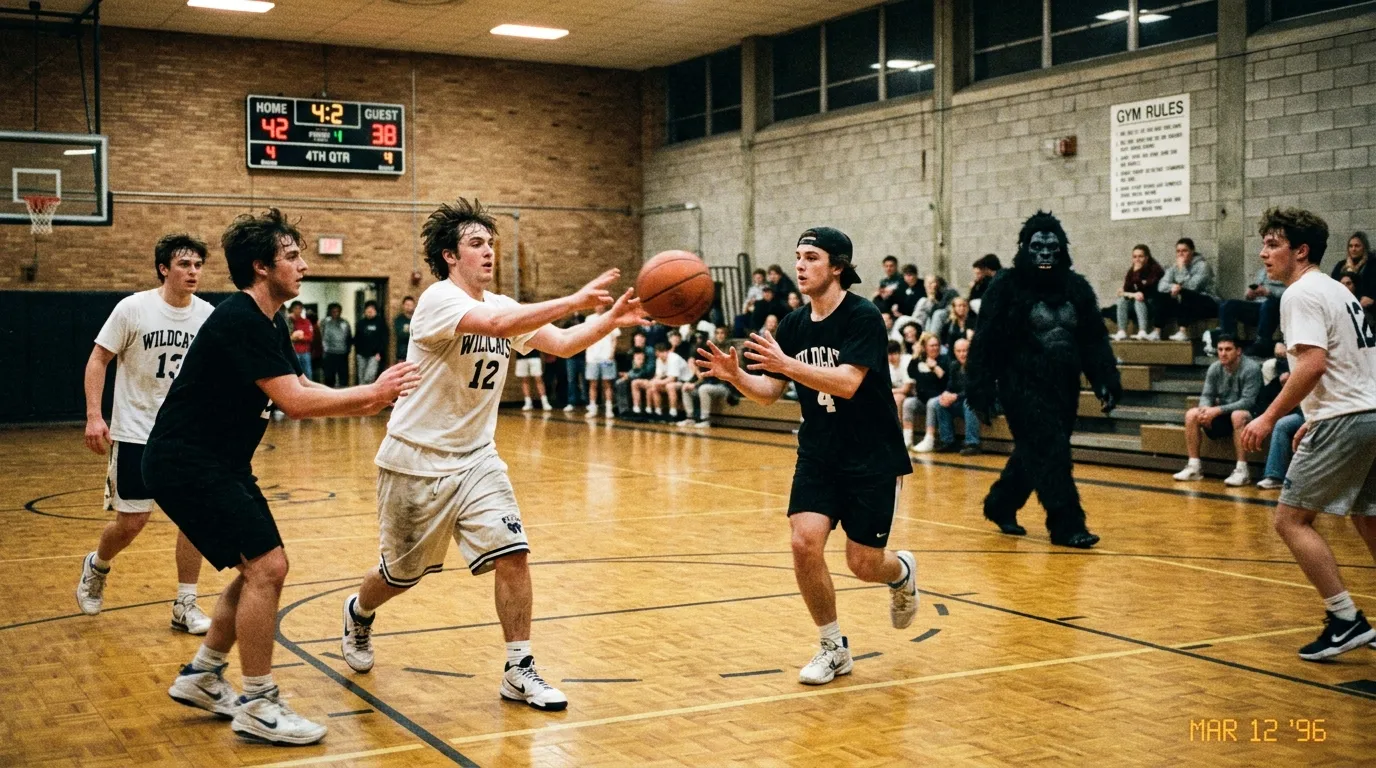 People passing a basketball while a person in a gorilla suit walks among them