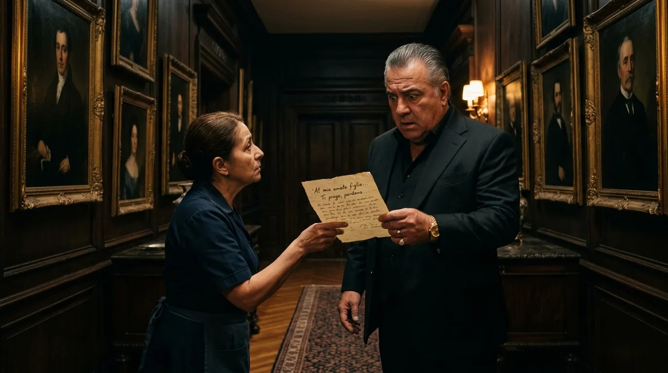 A powerful mafia boss looking shocked as a humble maid hands him an old, handwritten letter.