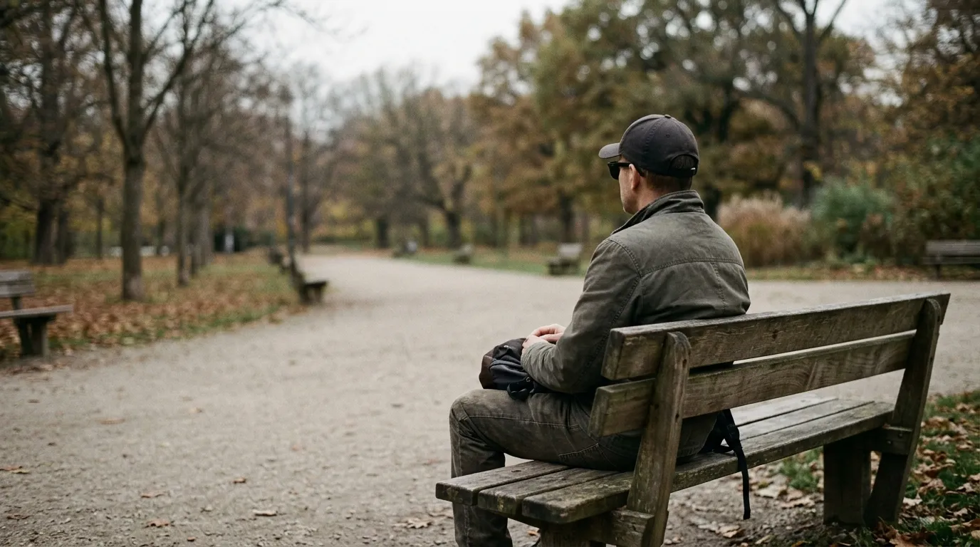 Man wearing a baseball cap and sunglasses sitting alone on a bench