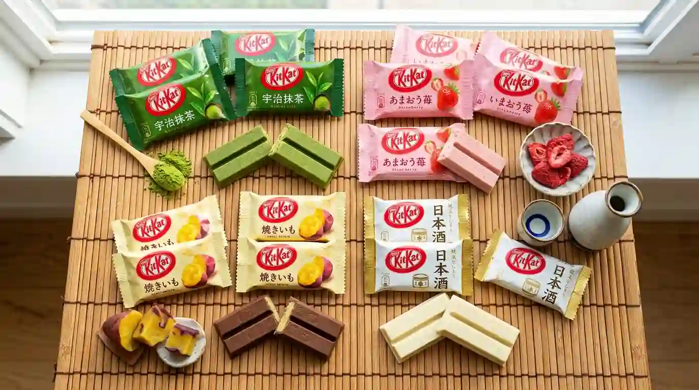 Vibrant display of exotic Japanese chocolate wafer flavors like matcha and strawberry