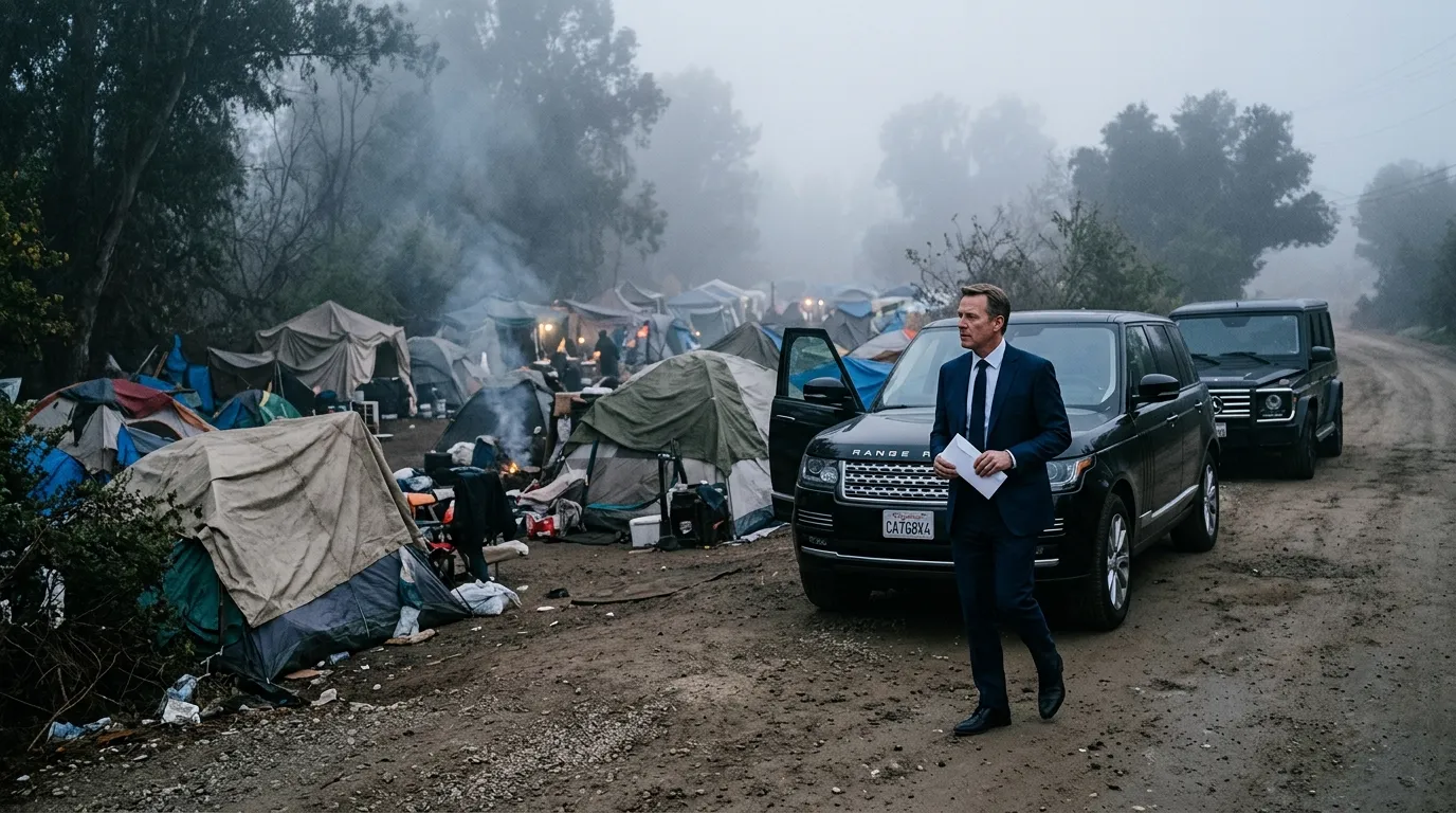 Two black luxury SUVs parked outside a homeless tent encampment