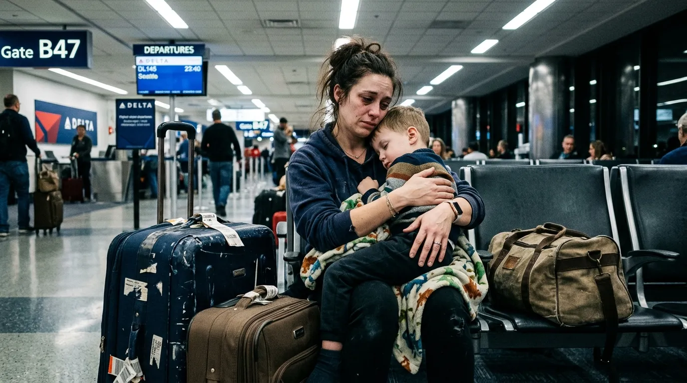 Elena sitting in the airport holding a sleeping Leo next to suitcases