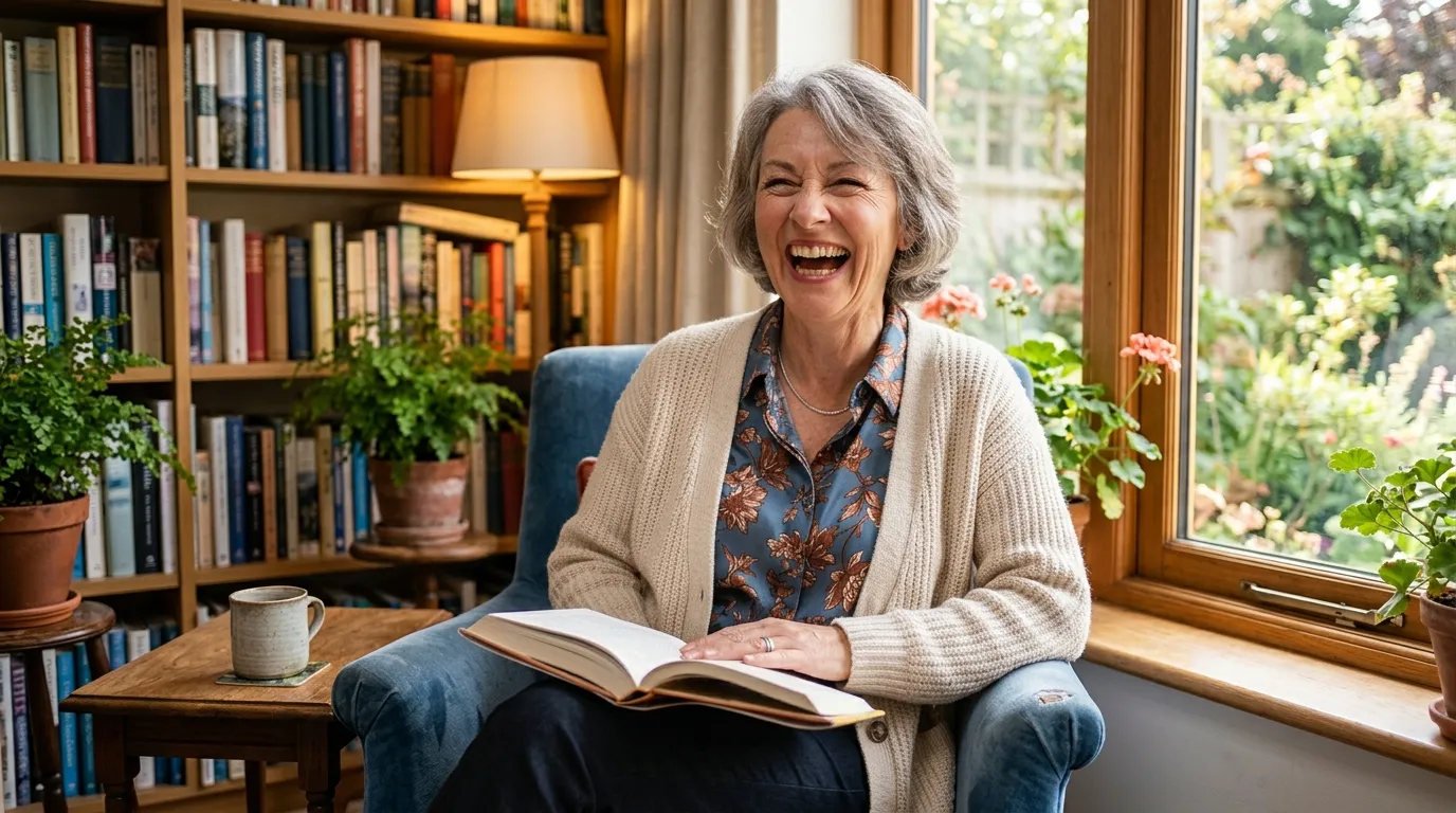 An elegant woman laughing genuinely while holding a book in a brightly lit room
