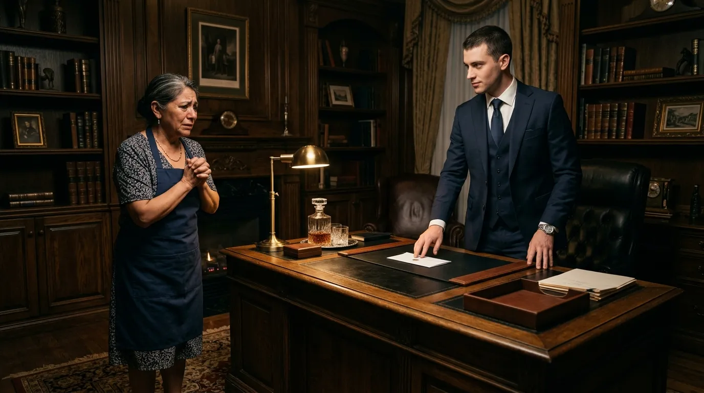 Julian Whitaker callously handing Marta a severance envelope across his father's desk