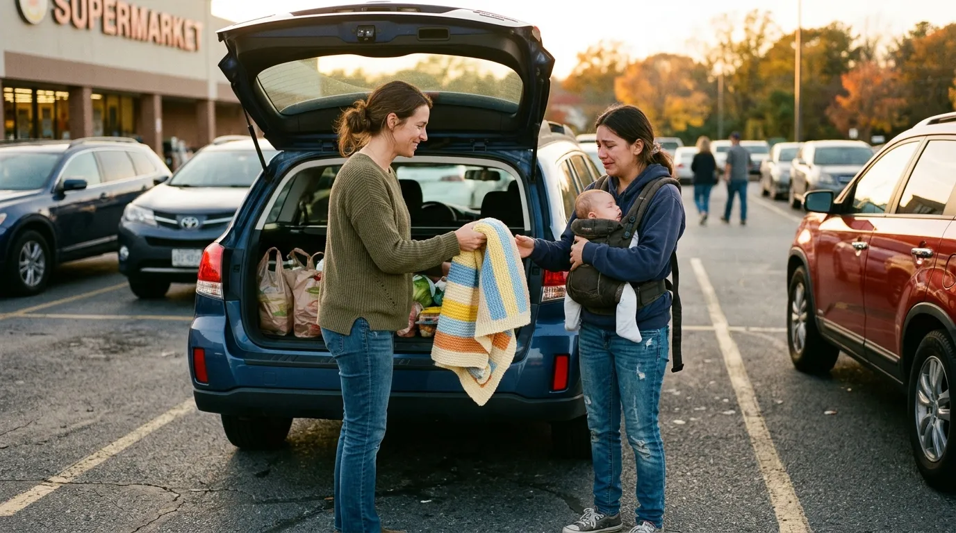 Two women in a parking lot, one handing baby supplies to a mother holding an infant