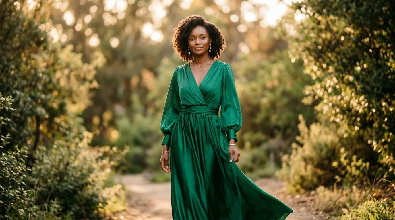 A fashion model wearing a rich, vibrant emerald green silk dress outdoors in warm lighting.